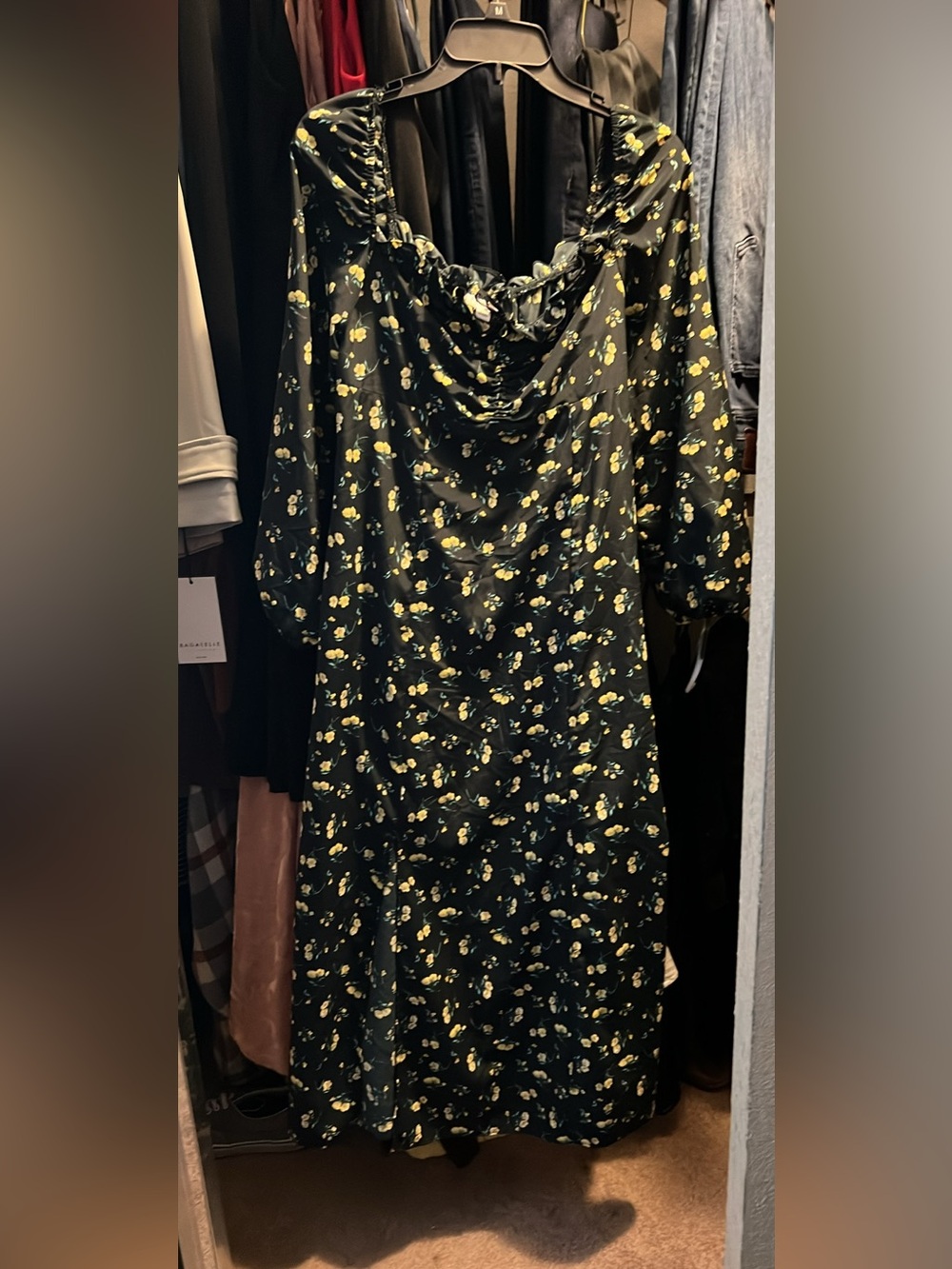 Black Floral Midi Dress with Yellow Print